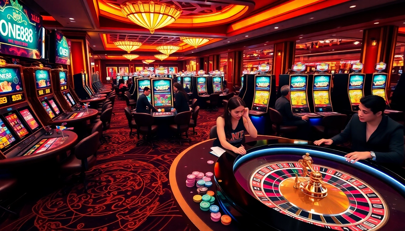 ONE88 players enjoying thrilling casino games at elegant tables with vibrant slots and roulette wheels.