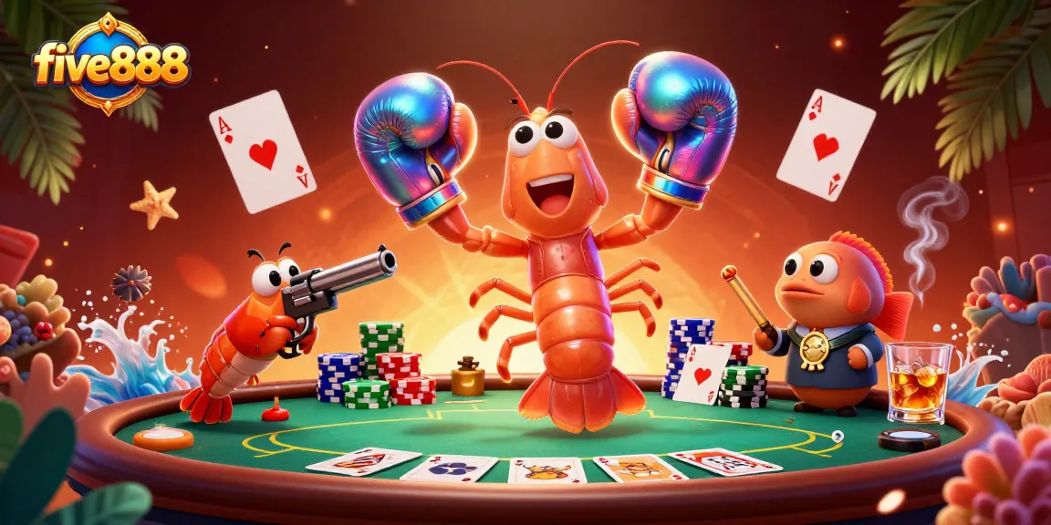 Engage with five888 in a vibrant poker showdown featuring dynamic casino characters and game elements.