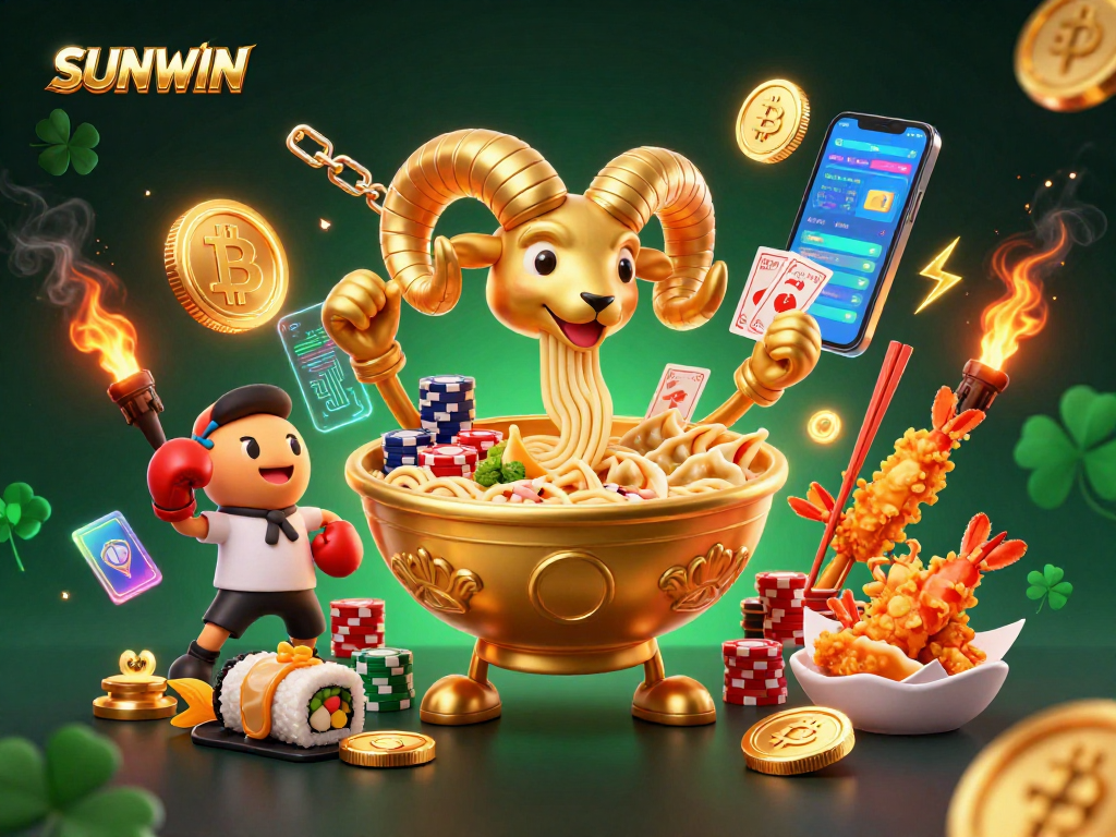 SUNWIN illustrates a vibrant casino scene with a golden ramen bowl dealer, engaging players in high-stakes gambling.