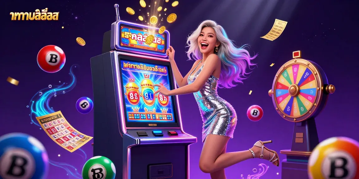 Spin and win exciting prizes with ทดลองเล่นสล็อต, vibrant lottery elements, and a celebratory atmosphere in a rich casino setting.