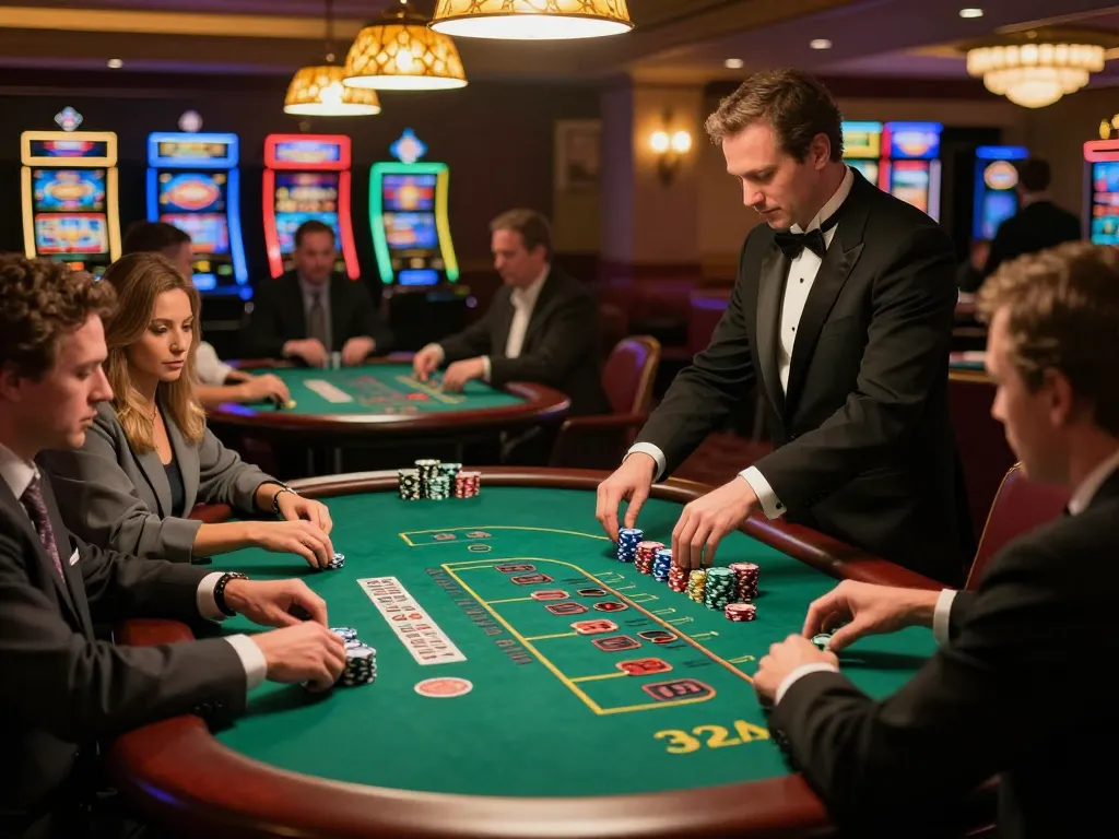 U888 players strategizing at blackjack tables, enjoying a vibrant casino atmosphere