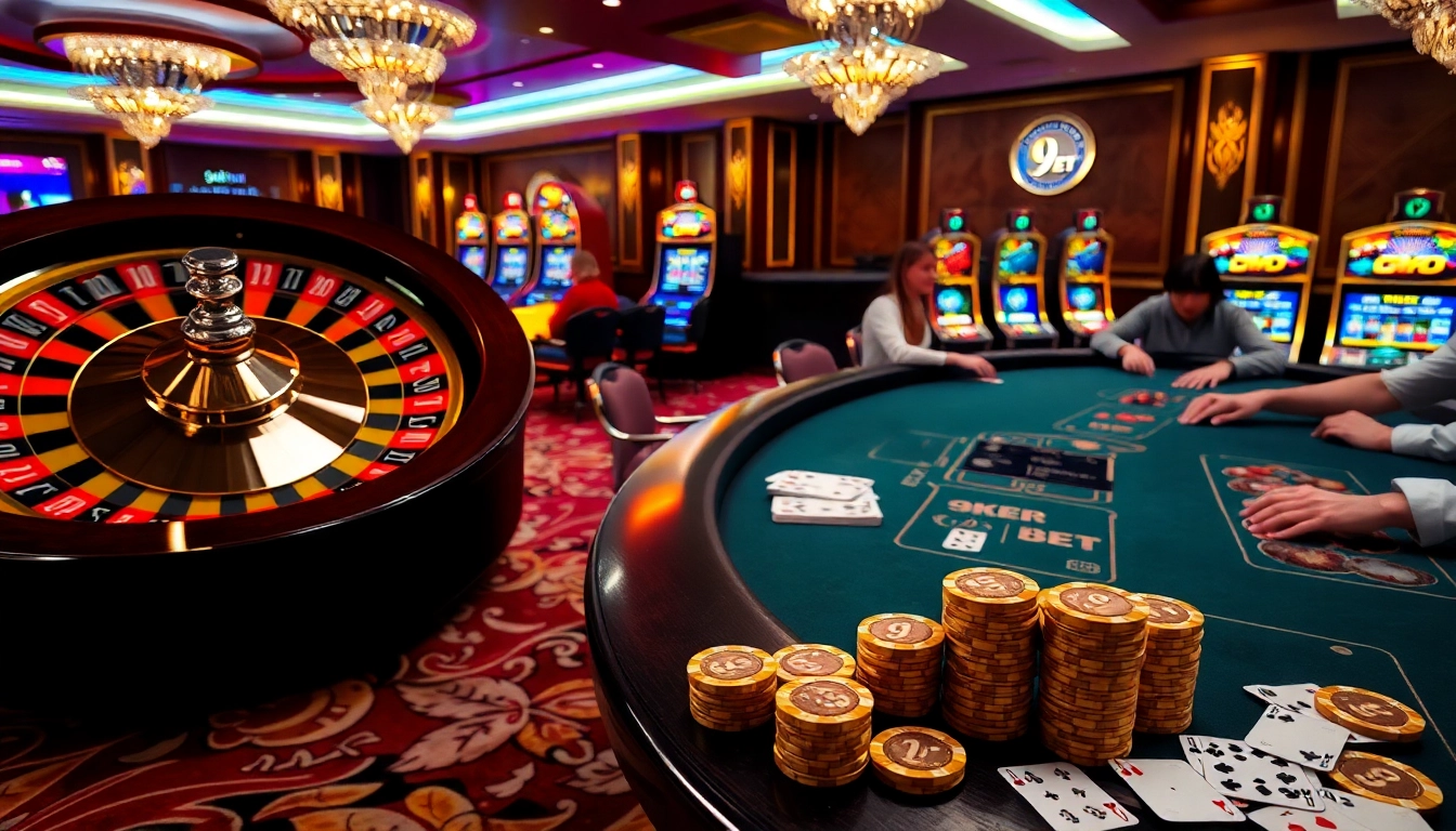 Exciting casino scene featuring the 9BET roulette wheel spinning alongside engaged poker players.