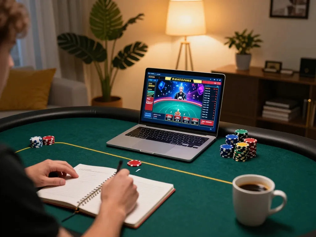 Engaged player strategizing poker game on cm88 platform at home with vibrant screen