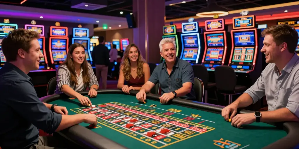 Spelers genieten van de opwinding in het GTSpins Casino met roulette en kleurrijke gokkasten.