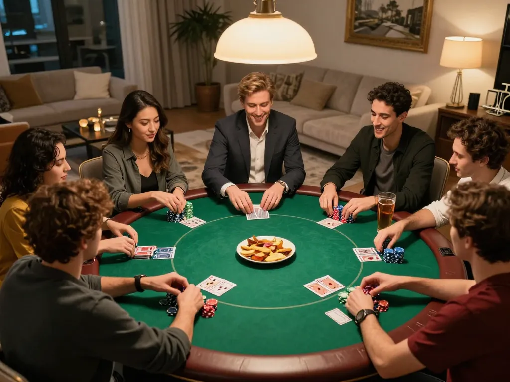The excitement of friends playing poker with the ONE88 APP in a cozy home setting, showcasing chips, cards, and snacks.