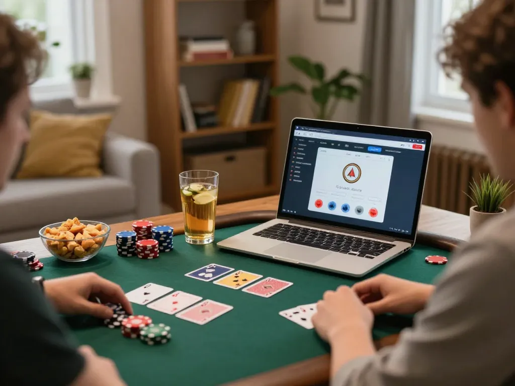Engaging in online poker with SC88 game interface on a laptop at a cozy home setup