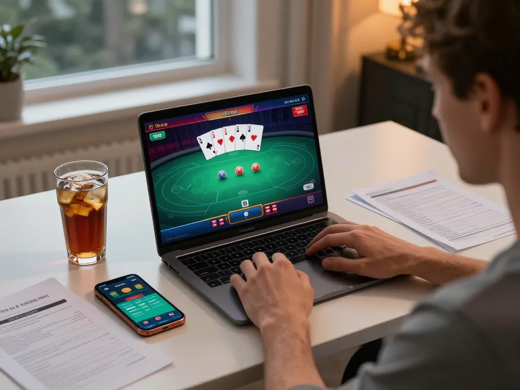 SIN88 player strategizing in an online poker game with focused concentration and mobile betting tools.