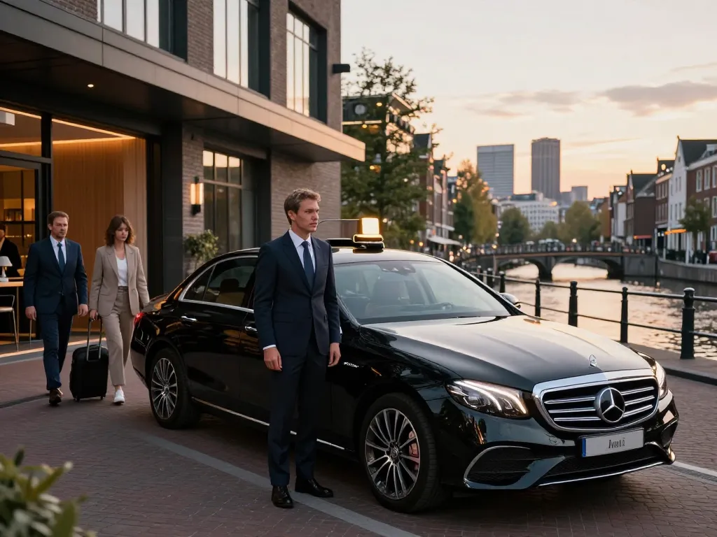 Taxi Amsterdam dienst met een luxe Mercedes voertuig en een professionele chauffeur in Amsterdam.