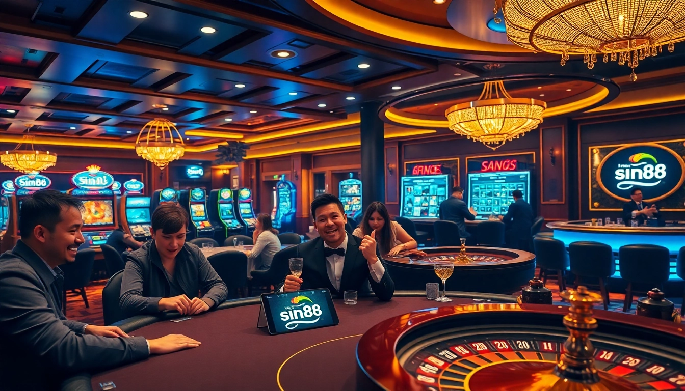 Players enjoying a thrilling poker game at sin88 casino, immersed in a luxurious atmosphere.
