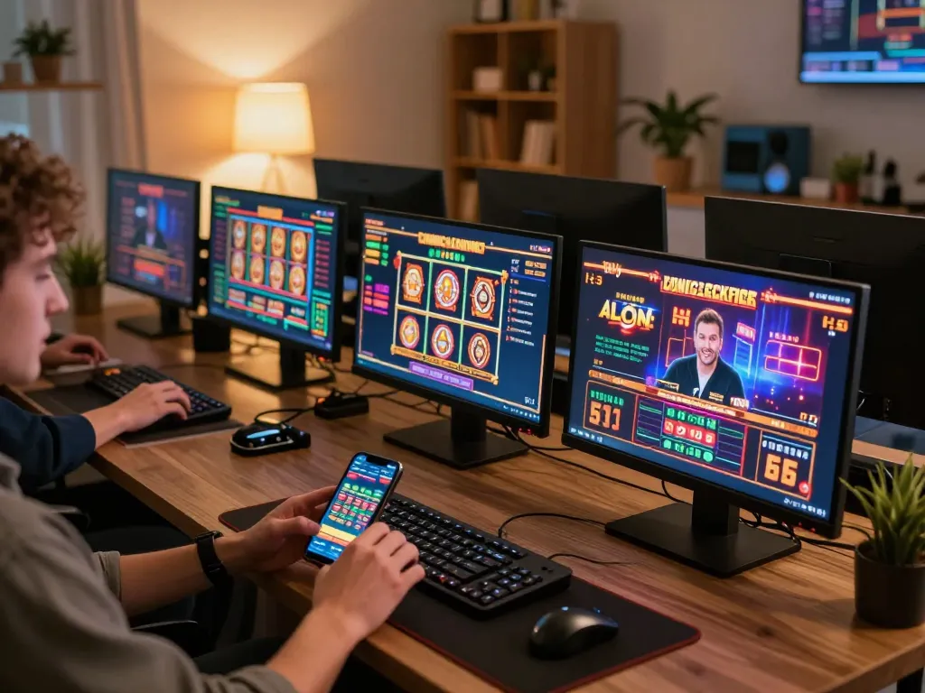 Player strategizing their game on nk88.com in a cozy online setup with multiple screens.