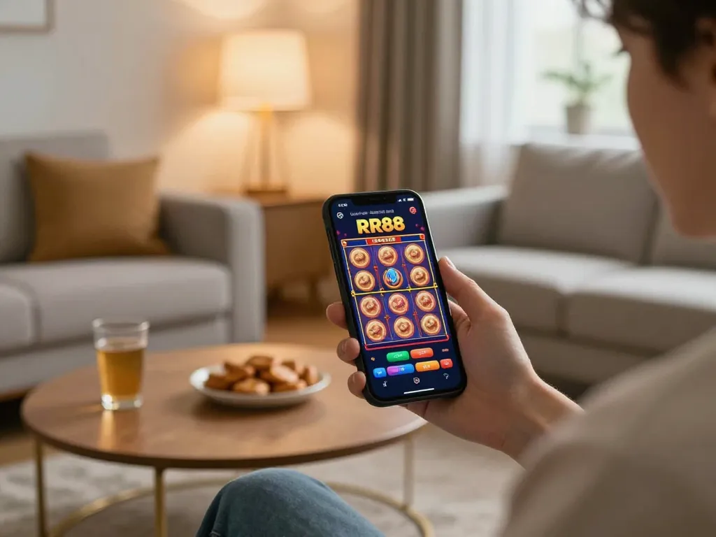 Engaging user playing RR88 slot game on mobile device in cozy home ambiance.