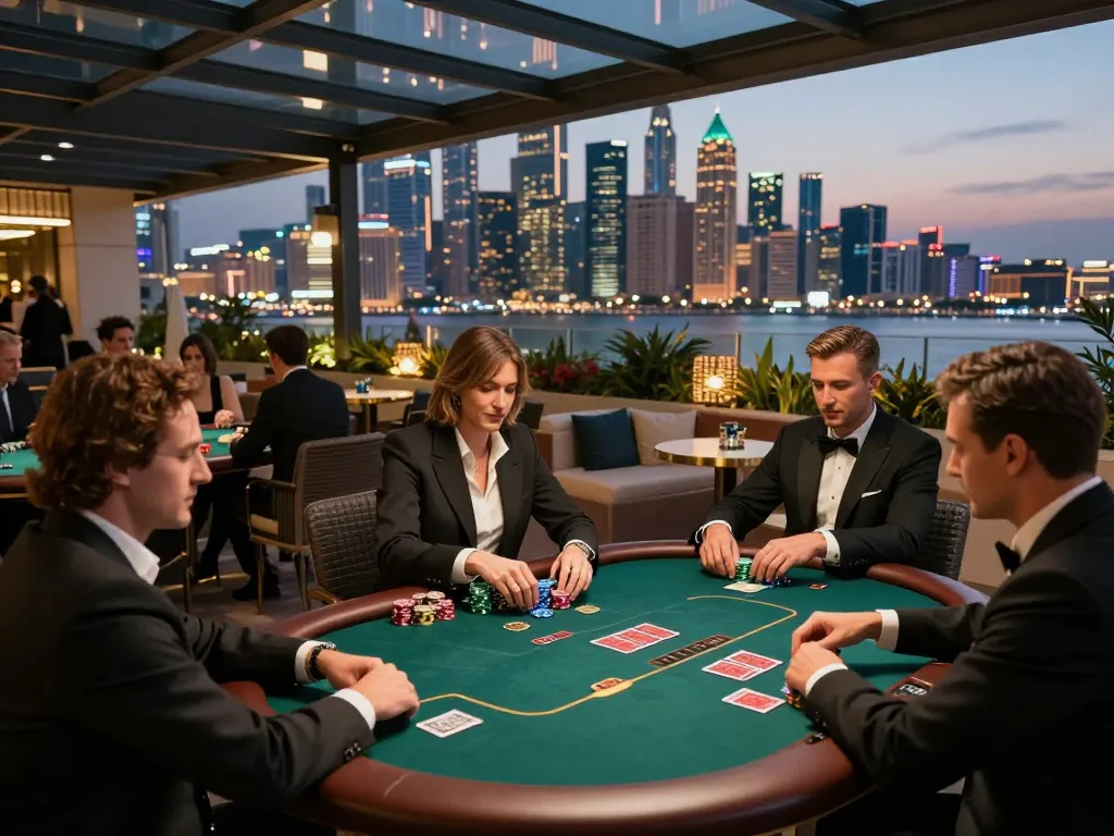 Engaging in high-stakes gameplay at Lu88 online poker night with city views.