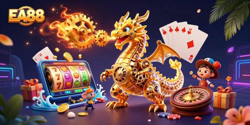 Engage with EA88 by spinning vibrant slot reels and winning golden coins in a lively casino scene.
