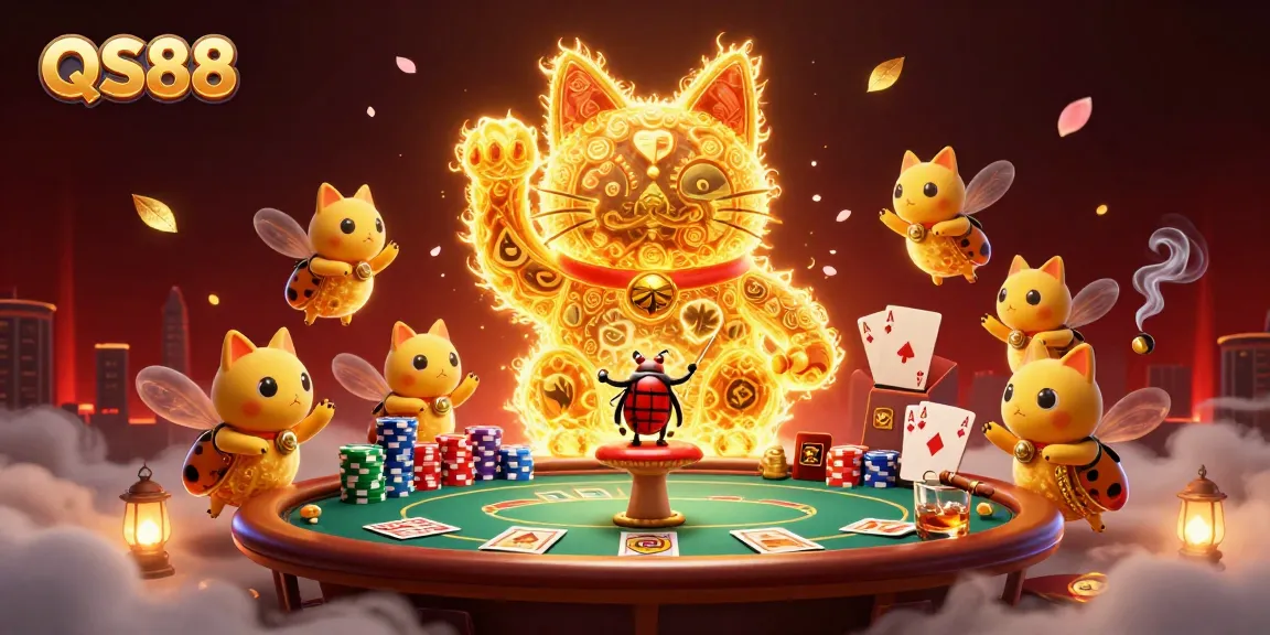 Experience the excitement of QS88 with vibrant golden fireflies and rich casino elements.