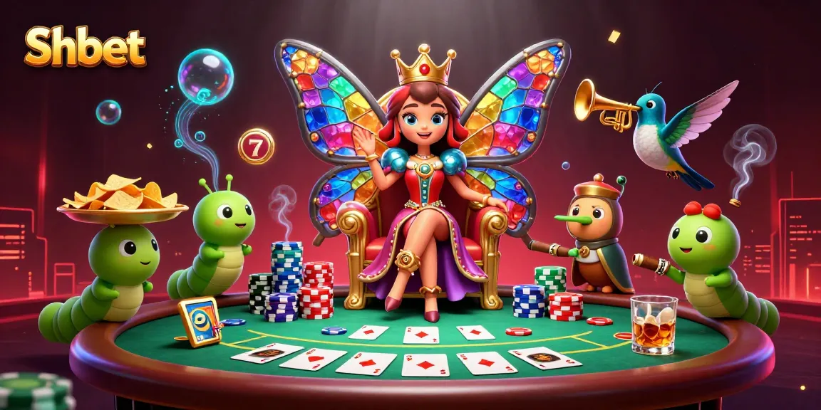 Play Shbet at a vibrant casino scene with a butterfly queen, colorful chips, and slot elements.