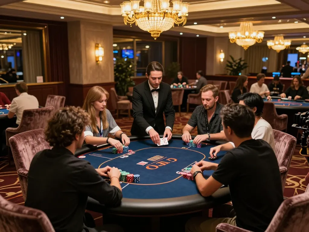 Players strategizing their next move at the fun79 VIP poker table in an upscale casino setting.