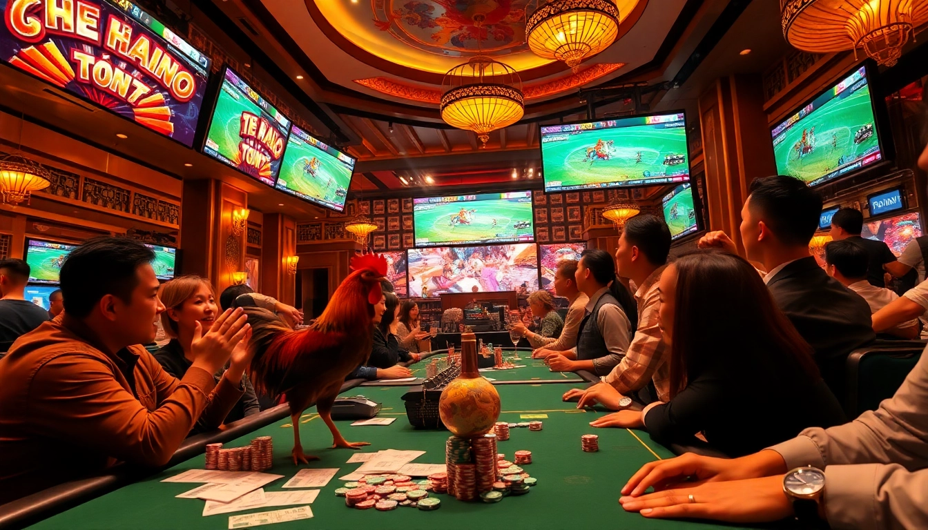Enjoy the excitement of đá gà trực tiếp as spectators watch intense matches unfold in a vibrant casino setting.