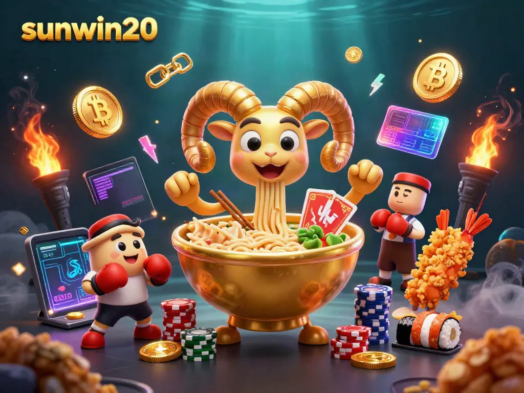 Experience the excitement of sunwin20 with our dynamic 3D casino illustration featuring unique cartoon characters and crypto elements.