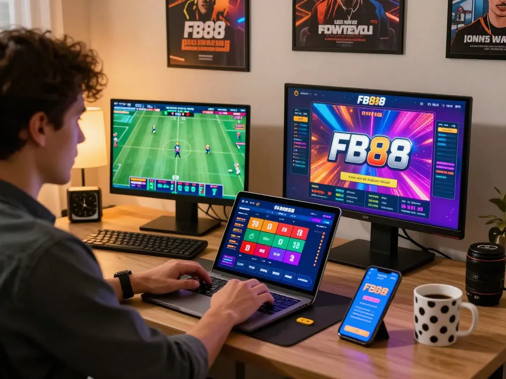 Enthusiastic user placing bets on FB88 platform in a vibrant home office setup.
