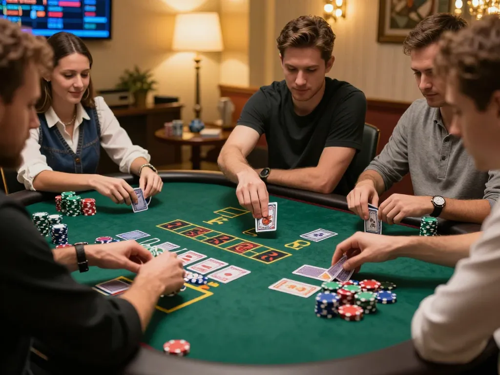Alo8 center players focusing on an intense online blackjack game with vibrant chips and cards.