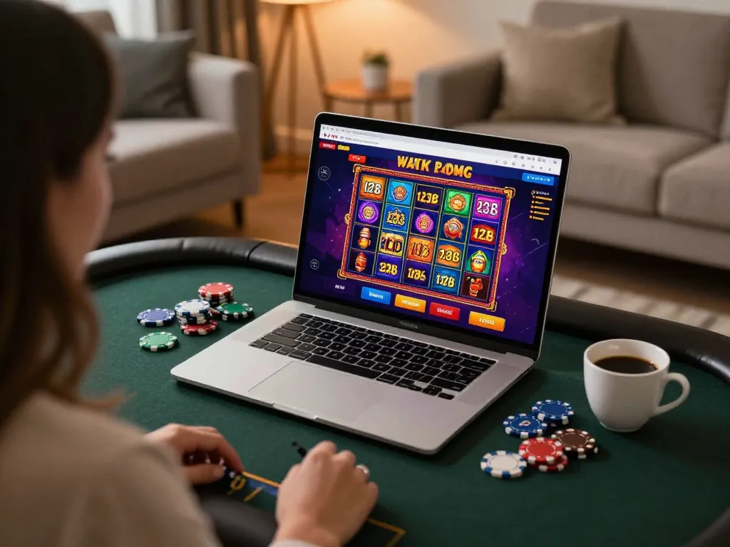 Engaging in 123B online gaming with a vibrant casino interface displayed on a laptop in a cozy setting