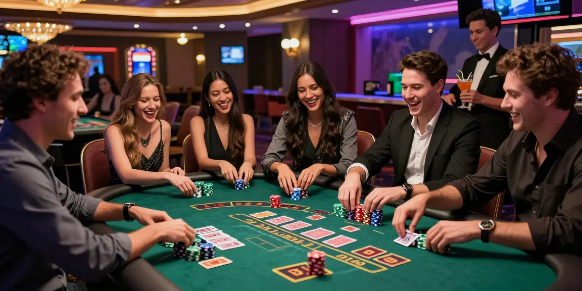 KO66 casino scene featuring friends at a blackjack table amidst lively atmosphere with neon lights.