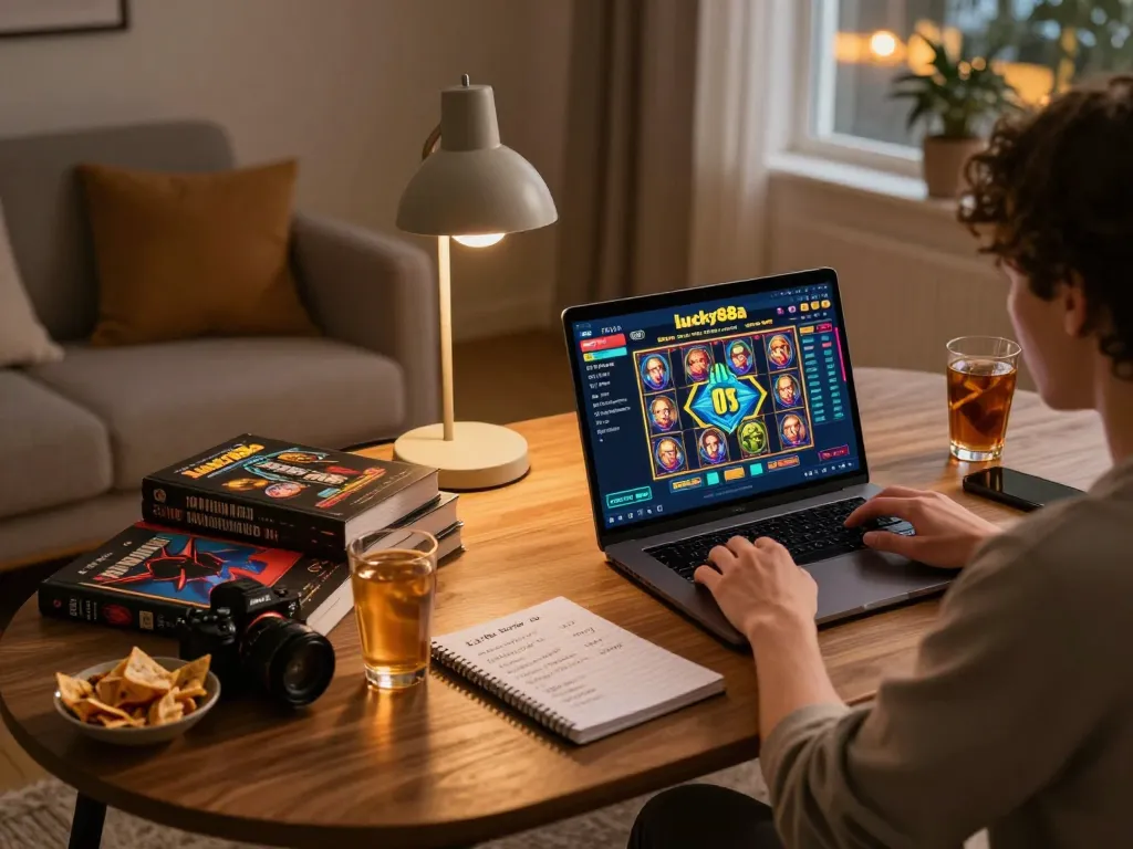 Person engaged in lucky88a online gaming on a laptop at home, showcasing a cozy and responsible gambling environment