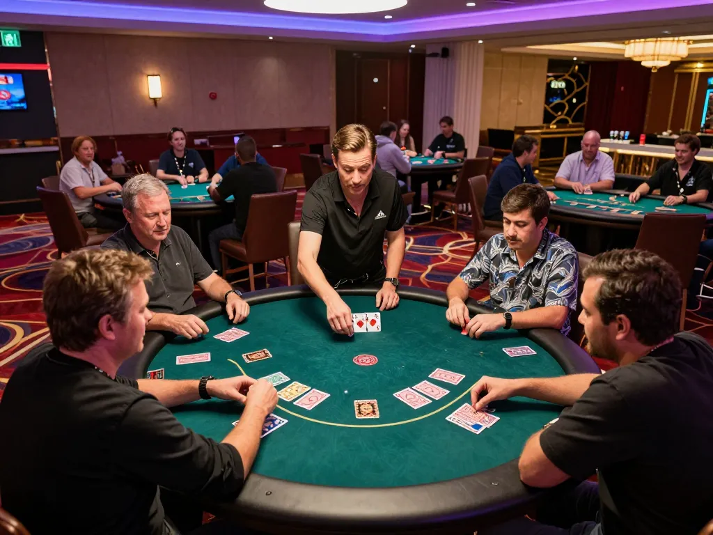 RED88 casino players engaging in an exciting round of poker at the lively casino floor.
