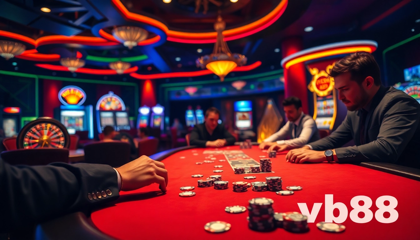 Exciting scene of professional gambling at Nhà cái vb88’s poker table, showcasing chips and cards.