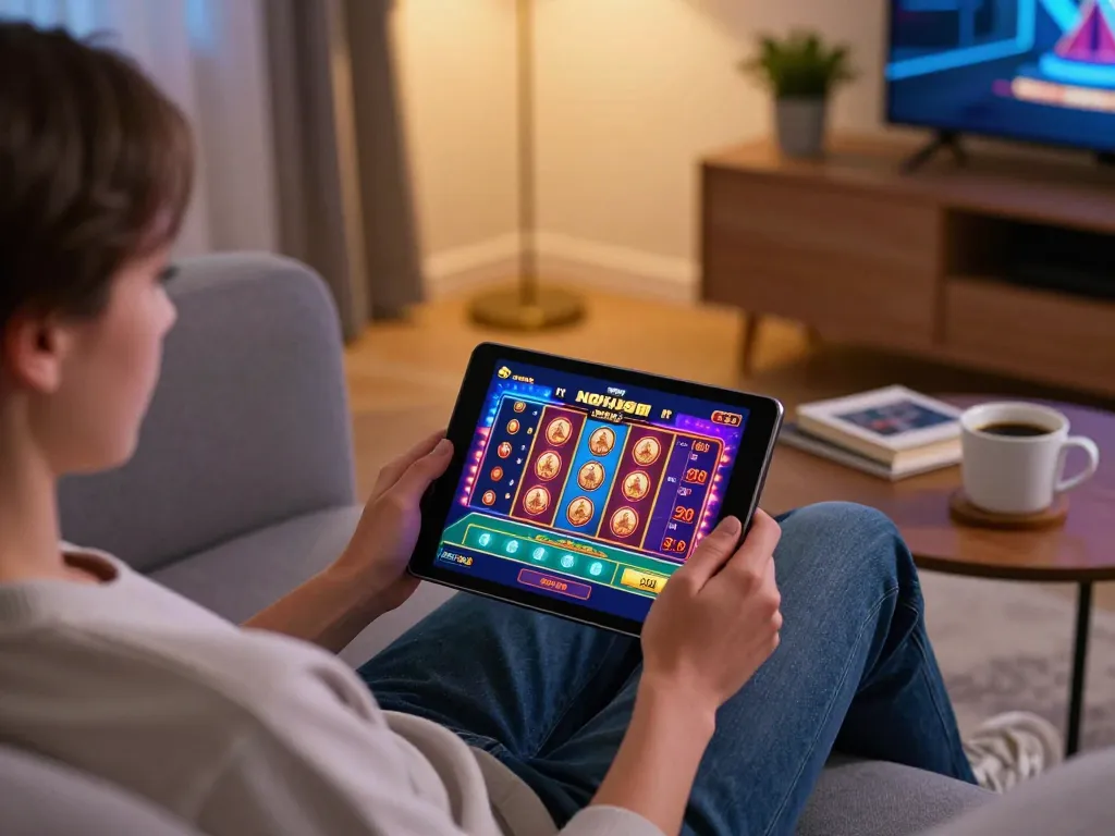 Player enjoying online casino games on NOHU90 with tablet at home.