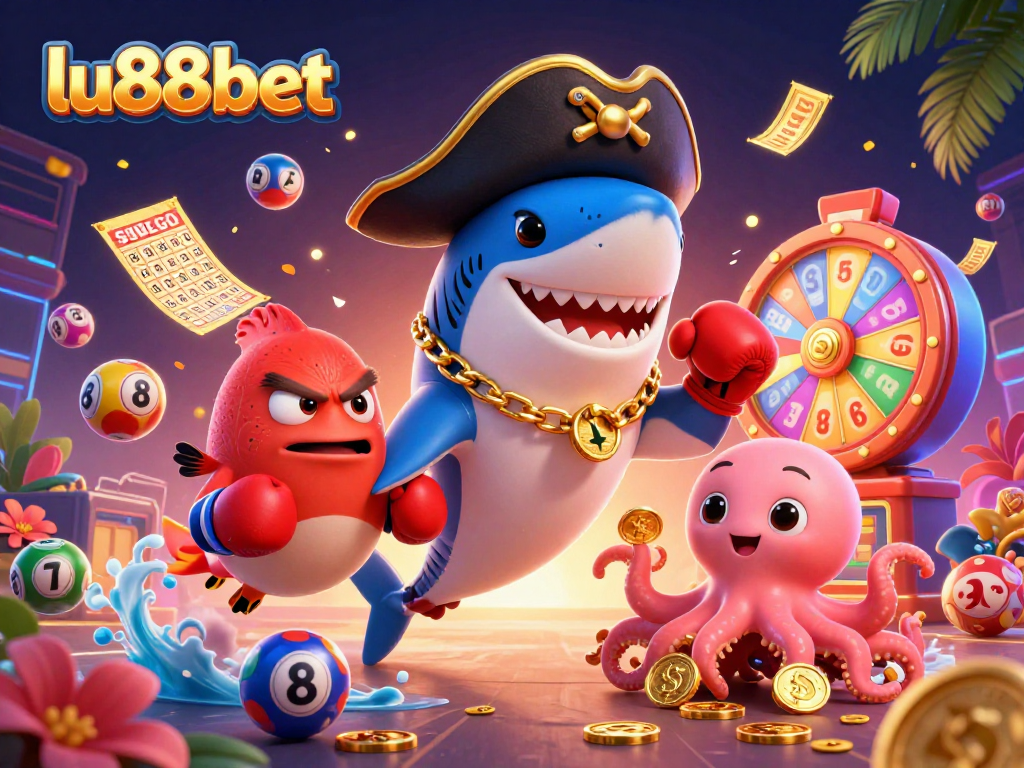 Experience thrilling fun at lu88bet with vibrant casino-themed 3D illustration of characters and games.