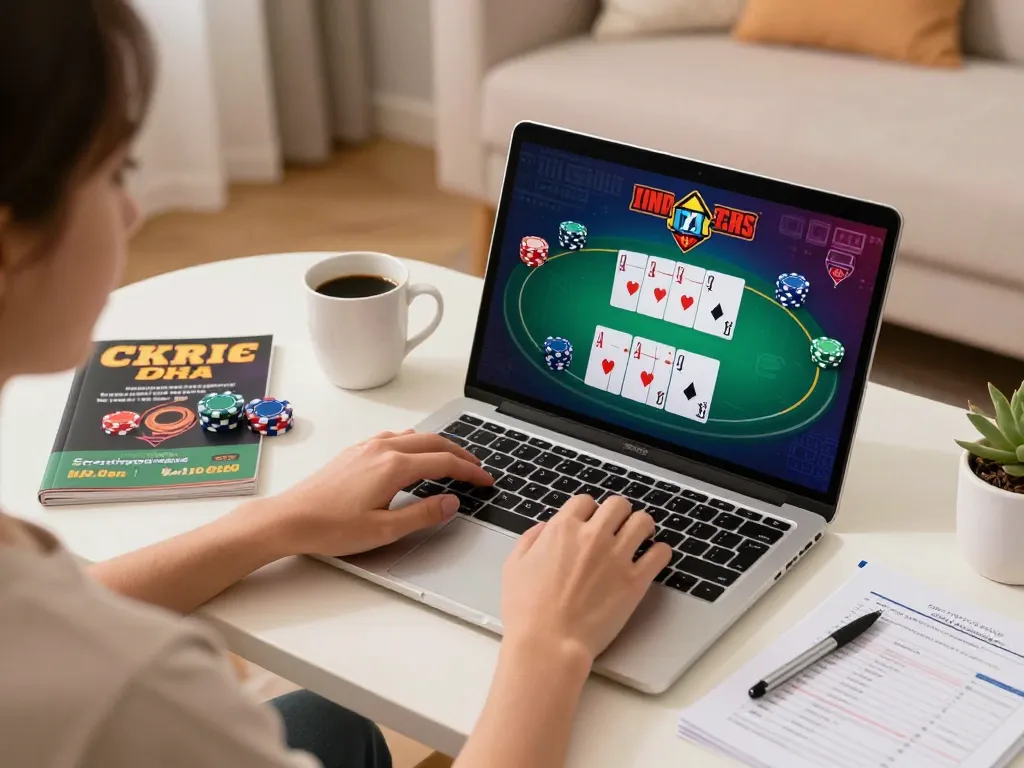 Engaged player exploring CM88 online casino poker games on a cozy laptop setup.