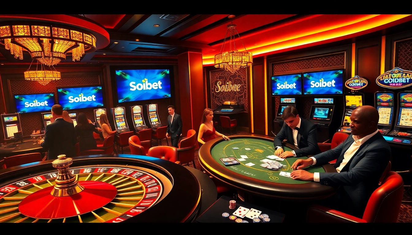 Gambler enjoying exciting games at Soibet casino, highlighting vibrant atmosphere with roulette and poker tables.