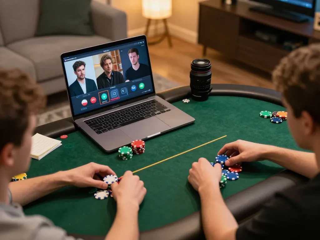 Players engage in a thrilling online poker game at home using one88 platform, showcasing strategic bets and vibrant chips.