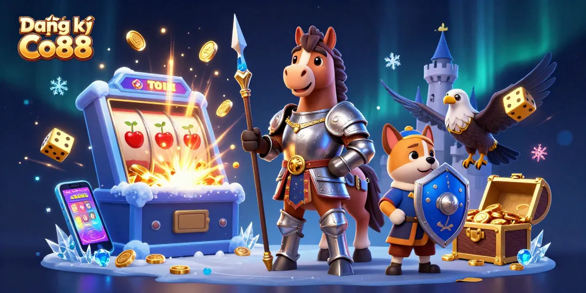 Join the excitement with Đắng ký Co88, featuring a knight, stallion, and vibrant casino elements bursting with rewards.