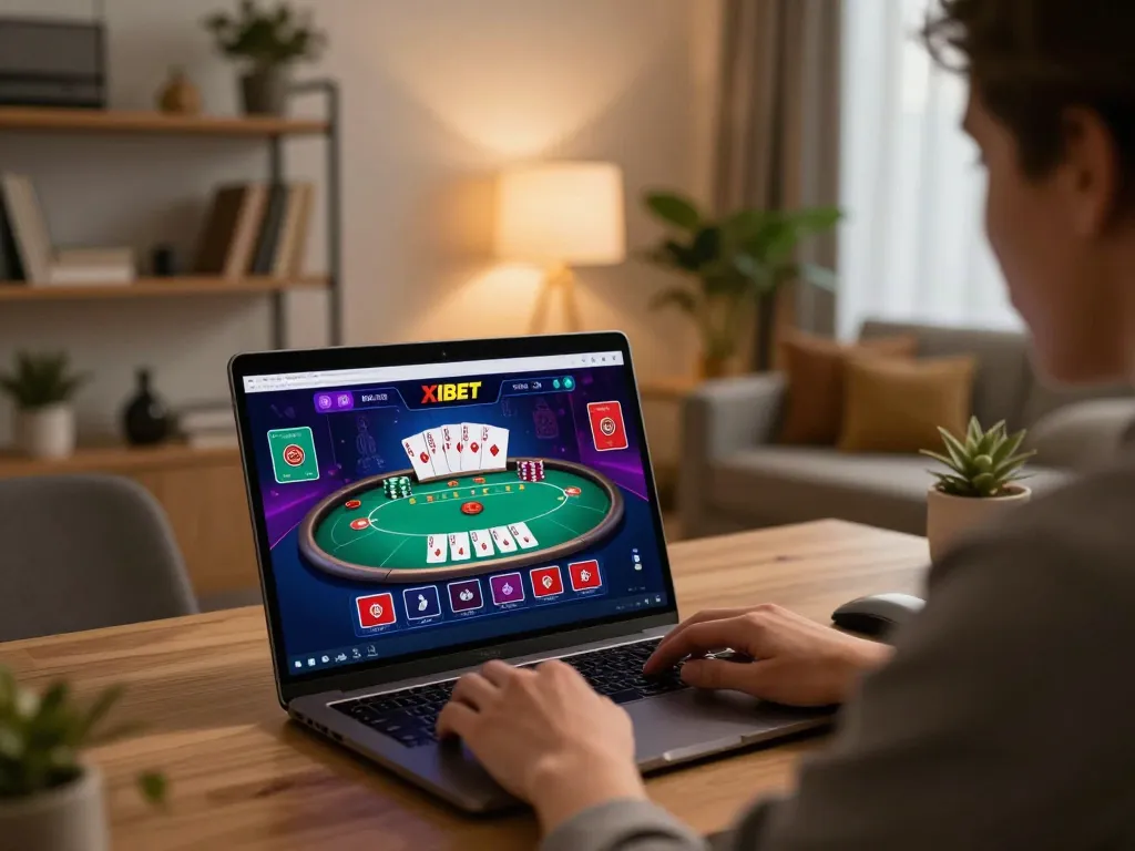 XIBET online gaming scene featuring a player engaged in a poker game on a laptop.
