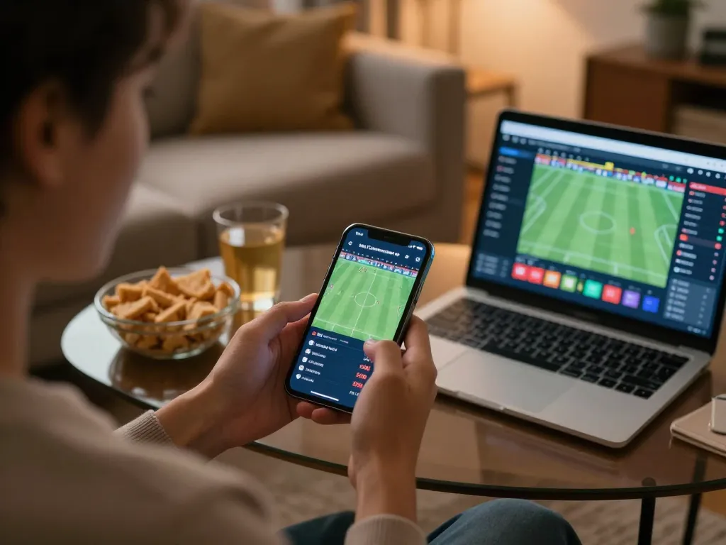 Engaging in VK88 sports betting with live odds displayed on smartphone in a cozy home setting