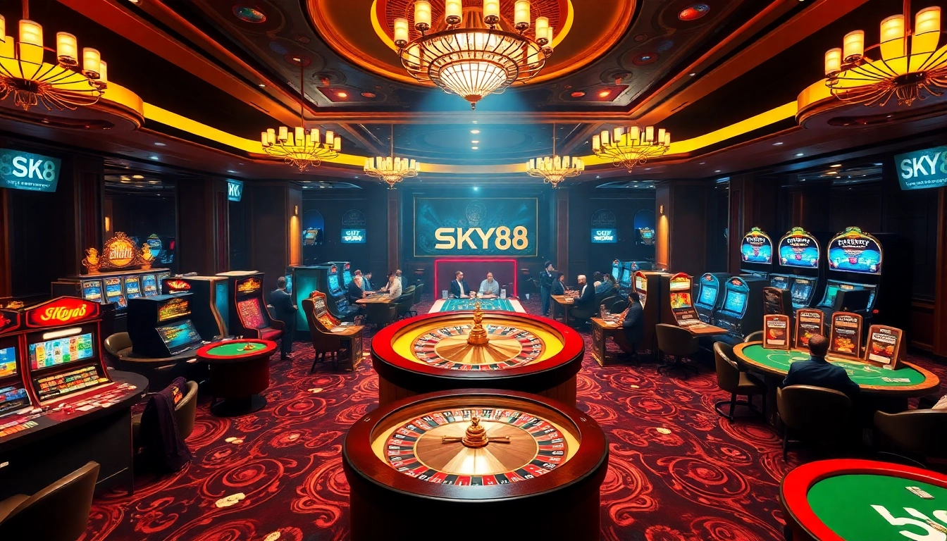 Gamblers enjoying a thrilling game atmosphere at SKY88 casino with roulette and slot machines.