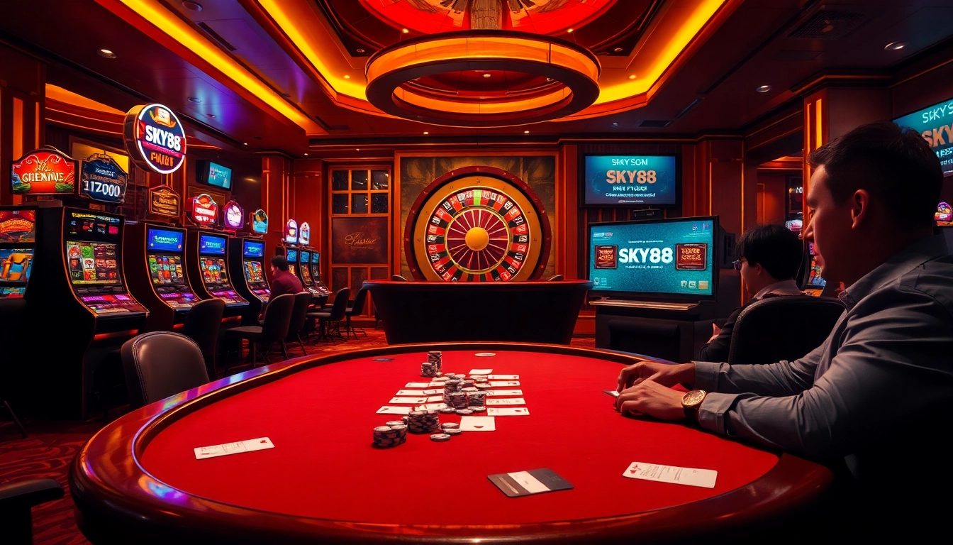 Experience high-stakes gaming at SKY88 casino, featuring thrilling poker tables and vibrant slot machines.