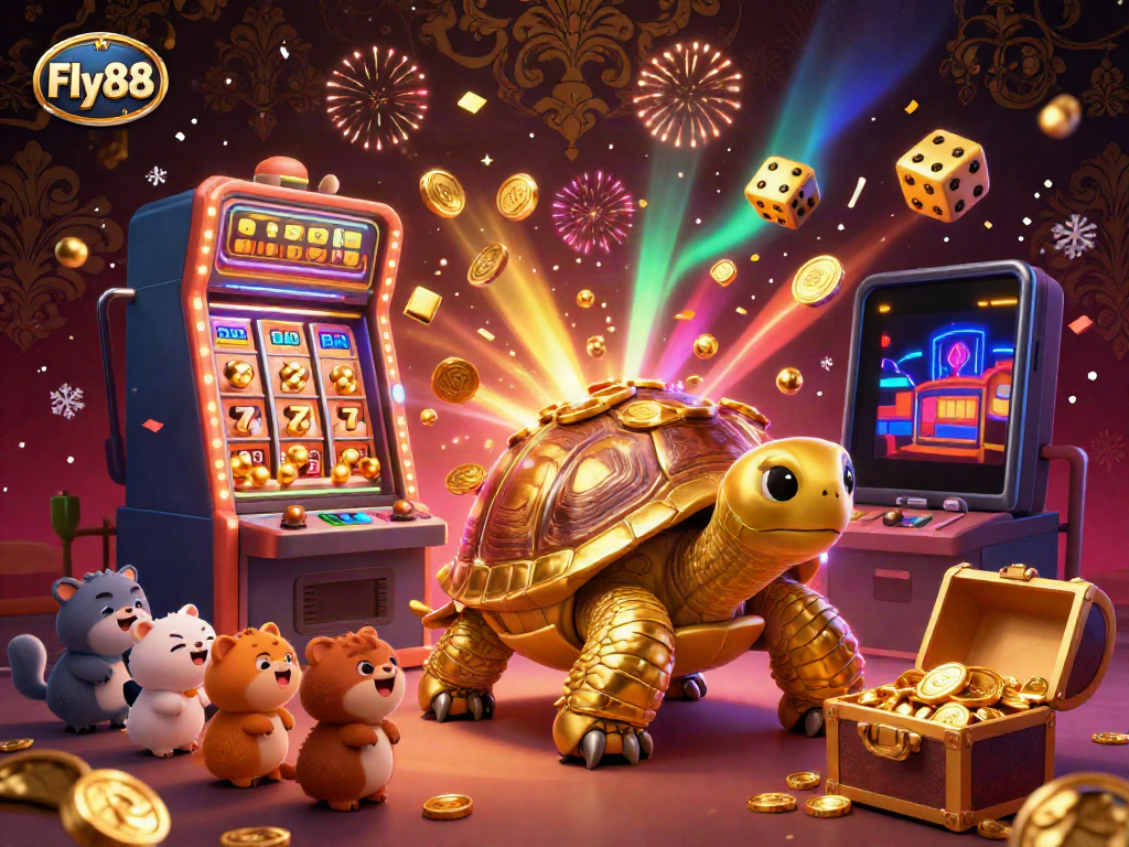 Fly88 features a golden tortoise playing a pinball machine amid a colorful casino atmosphere.