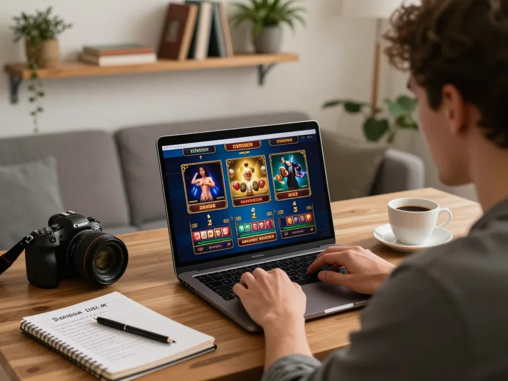 Player strategizing for online games on nk88 in a comfortable home office with betting notes.