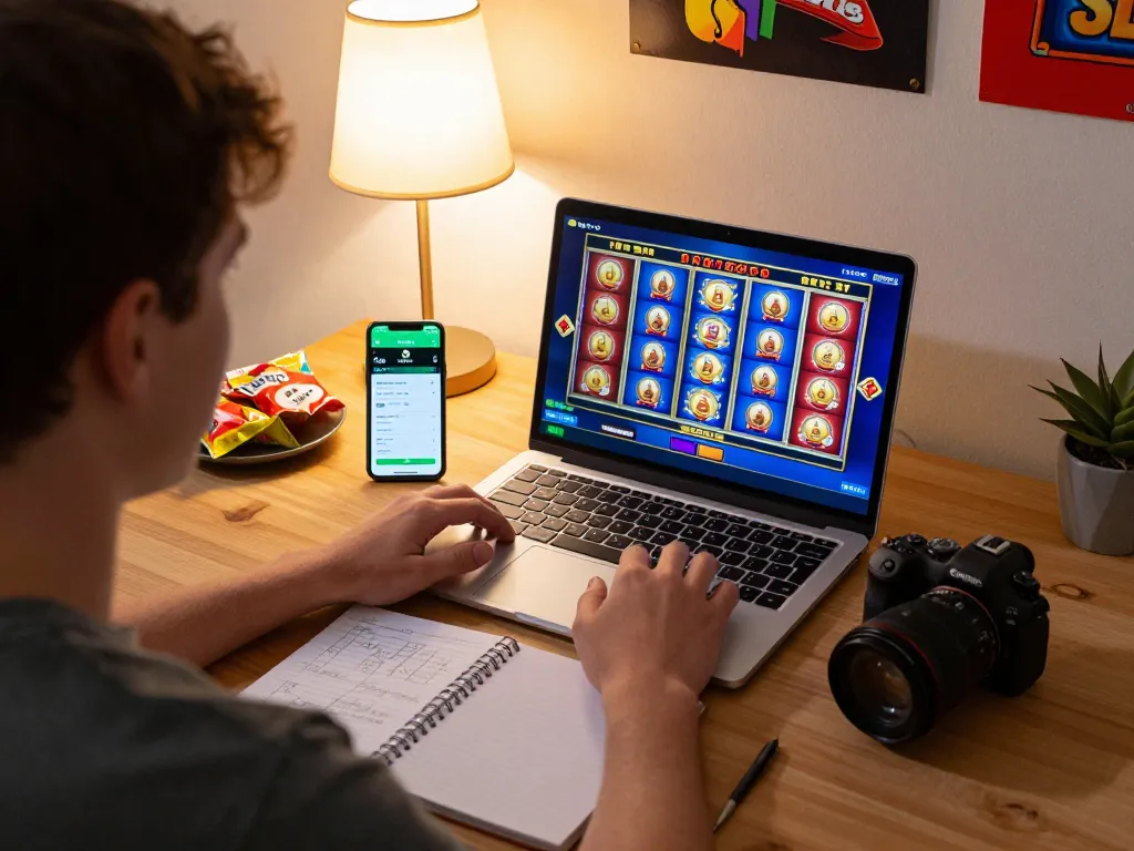 The user enjoys an engaging home gaming experience on the 9 bet platform with colorful slots displayed.