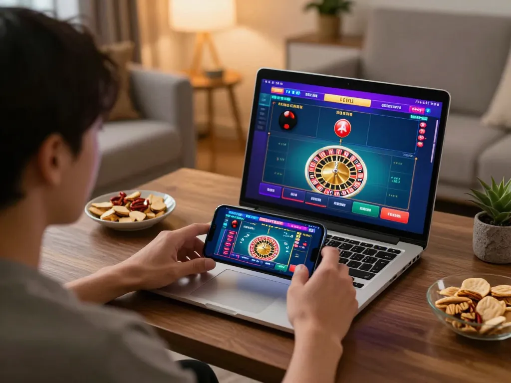 Player enjoying online casino gaming on go8 platform with vibrant interface and cozy home setting.