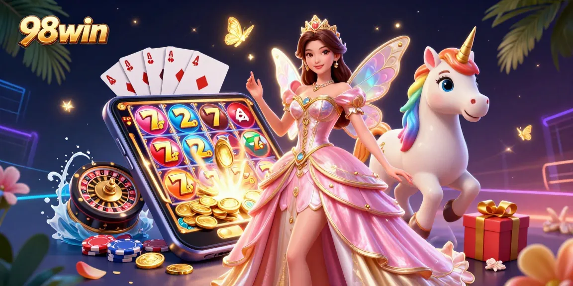 Immerse in 98win's gaming universe with an enchanting 3D fantasy scene featuring slots, gold coins, and excitement.