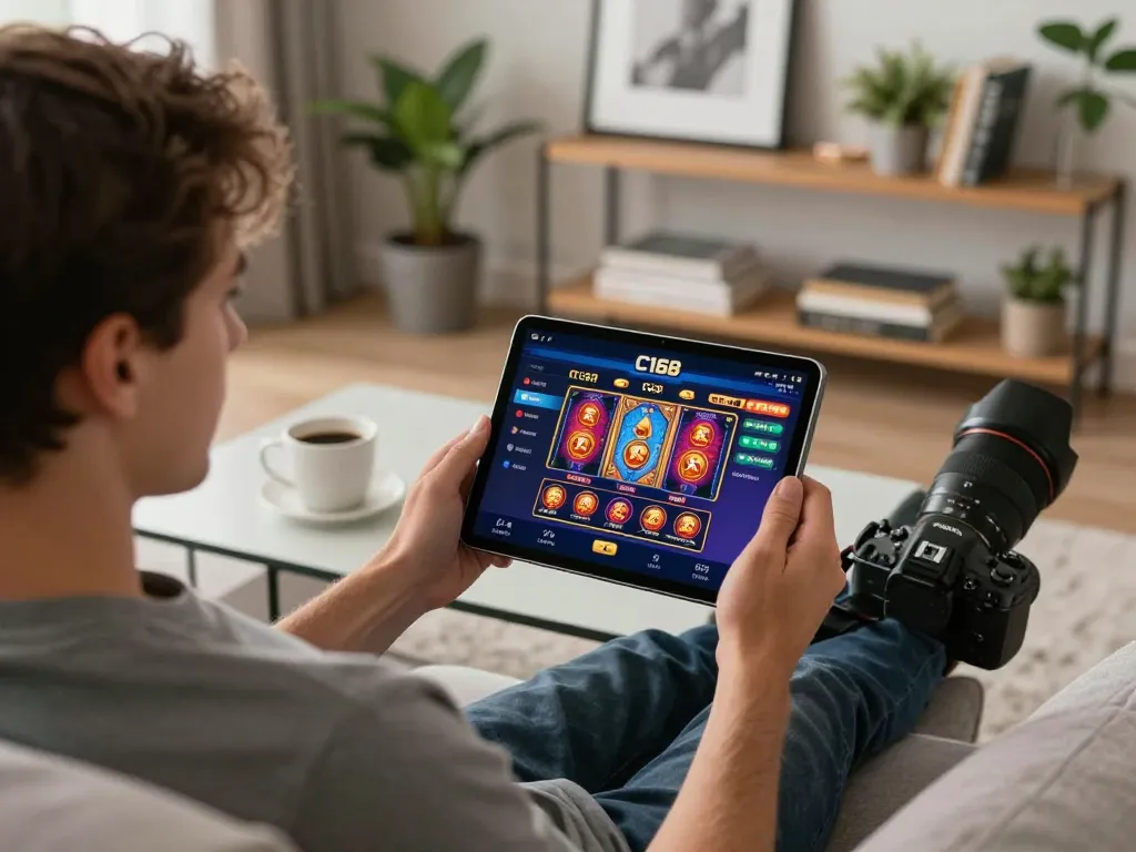 Player engaged on C168 casino app, enjoying a strategic online gaming session at home