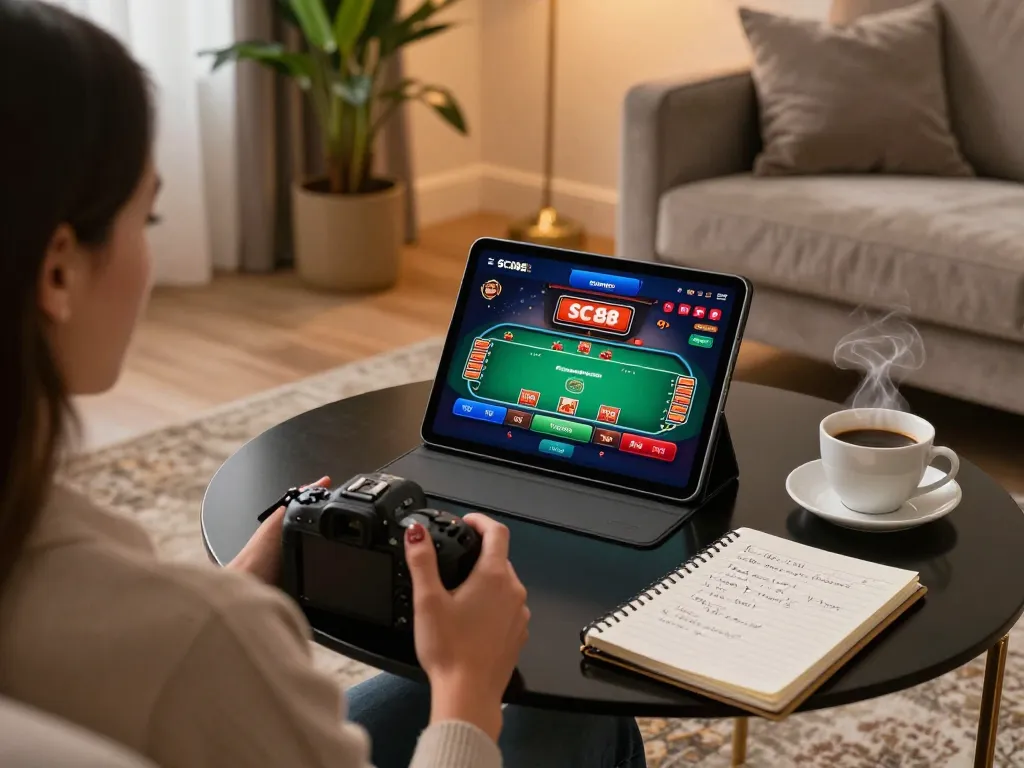 Player engaging in SC88 mobile casino app with strategic notes nearby.