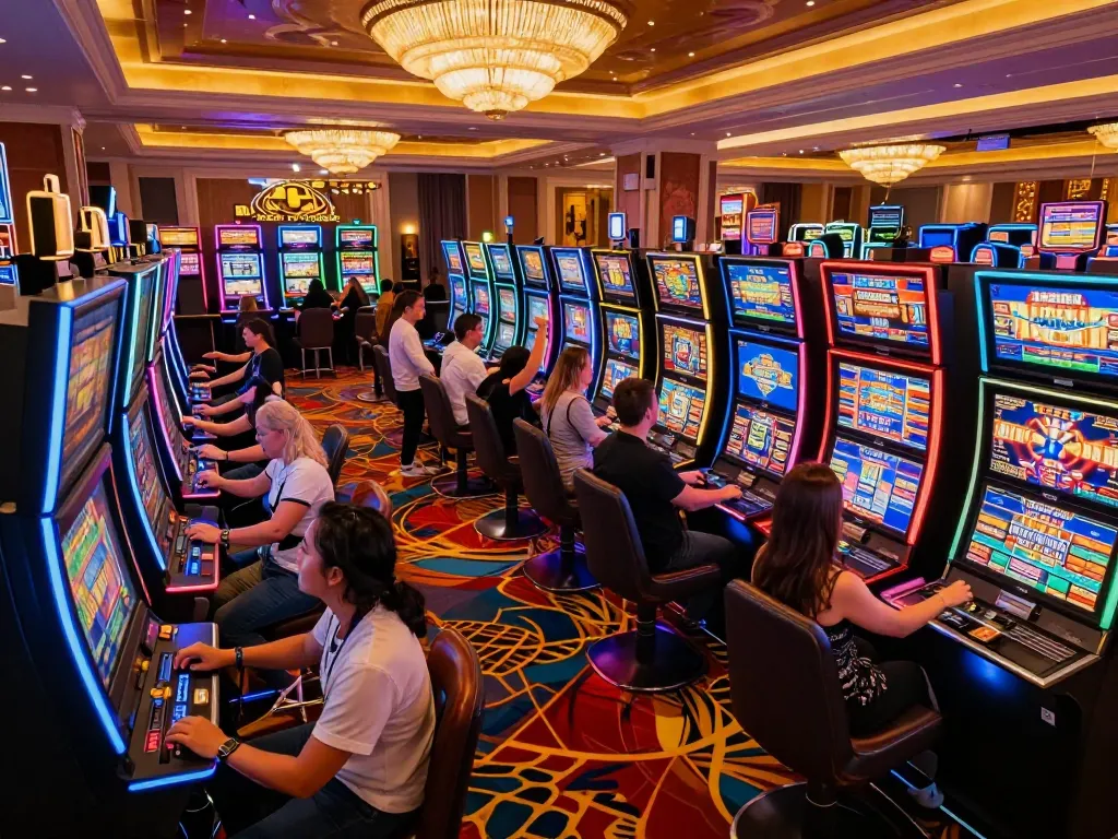 Players enjoying thrills at ta88pro.com slot machines in a lively casino environment.