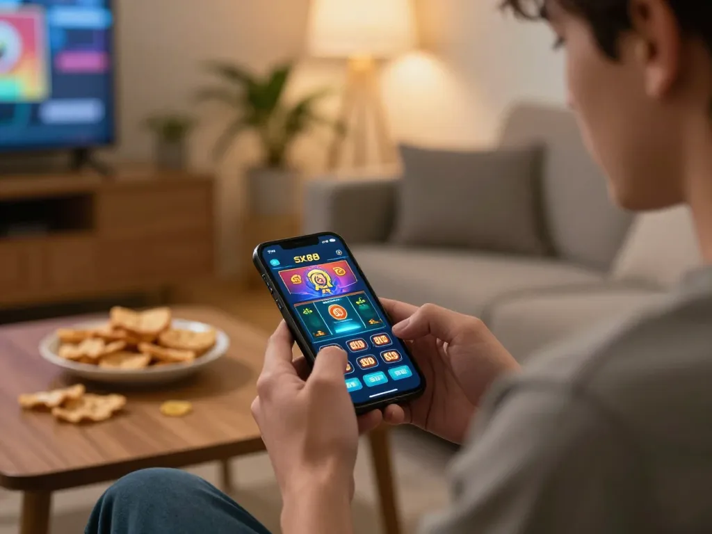 SX88 player excitedly betting on a smartphone with snacks around in a cozy environment.
