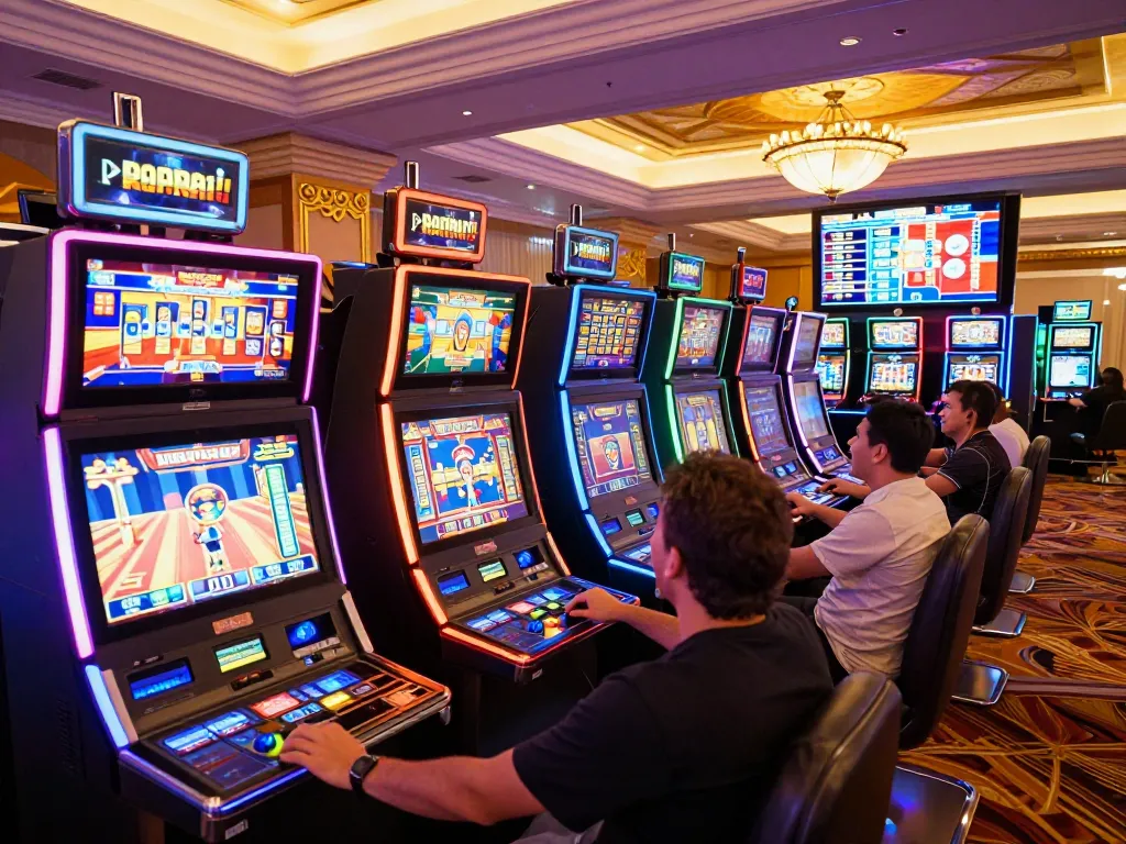 Players enjoying exciting slots at 23Win casino, vibrant ambiance filled with lights and sounds