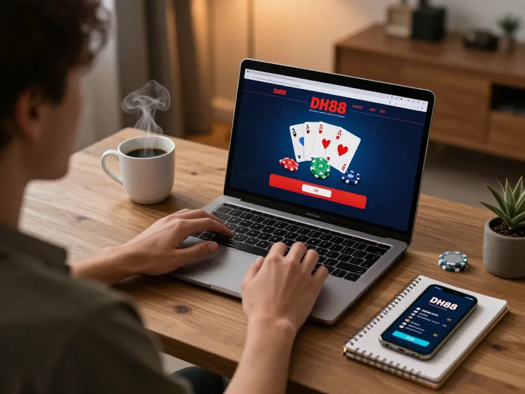 Engaging in online casino gaming on DH88 with a laptop interface showcasing cards and bets